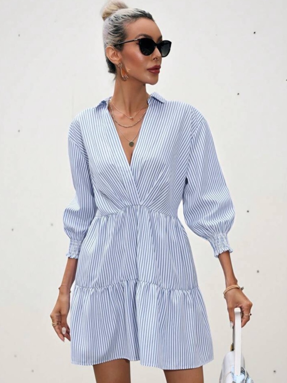 Blue Striped Wrap Mini Casual Dress – S - Picture 7 of 7